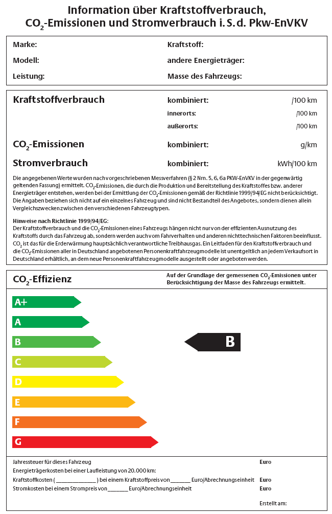 Formblatt für den Hinweis auf den Kraftstoffverbrauch, die spezifischen CO2-Emissionen und den Stromverbrauch (BGBl. 2011 I S. 1762)