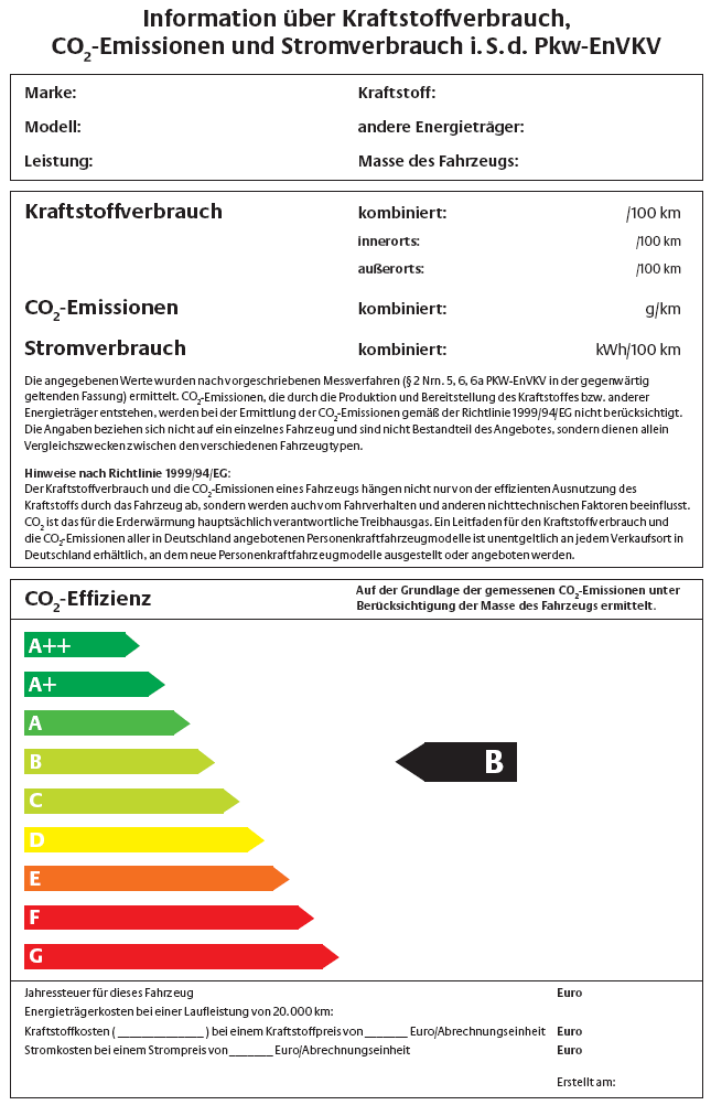 Formblatt für den Hinweis auf den Kraftstoffverbrauch, die spezifischen CO2-Emissionen und den Stromverbrauch bei Einführung der Effizienzklasse A ++ (BGBl. 2011 I S. 1764)