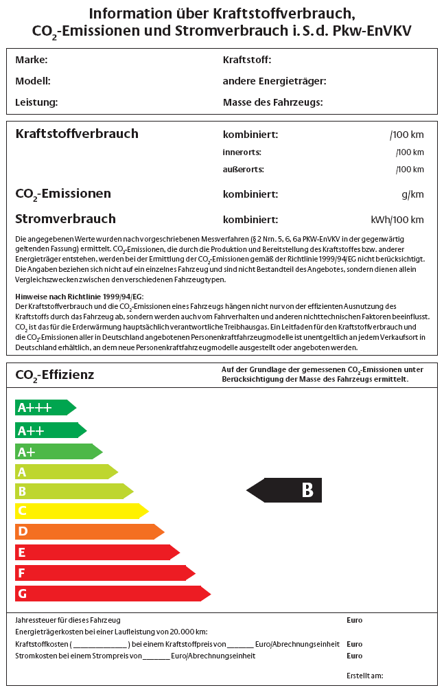 Formblatt für den Hinweis auf den Kraftstoffverbrauch, die spezifischen CO2-Emissionen und den Stromverbrauch bei Einführung der Effizienzklasse A +++ (BGBl. 2011 I S. 1765)