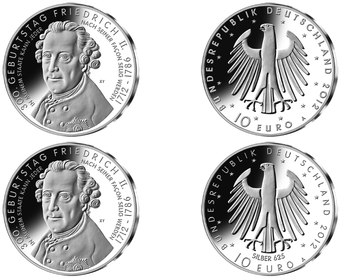 Abbildung von Bild- und Wertseite Gedenkmünze "300. Geburtstag Friedrich II." (BGBl. I 2011 S. 2797)