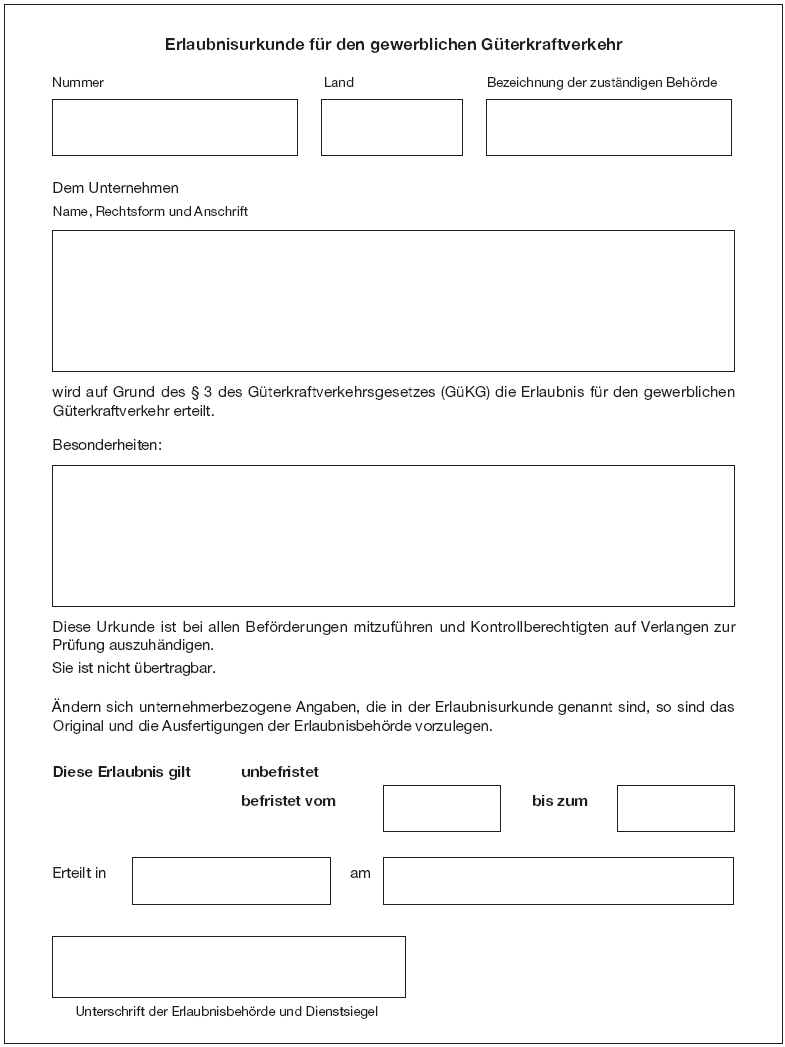 Muster Erlaubnisurkunde für den gewerblichen Güterkraftverkehr Seite 1 (BGBl. I 2011 S. 3124)