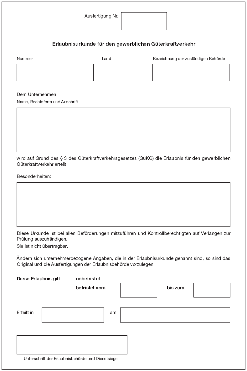 Muster Erlaubnisurkunde für den gewerblichen Güterkraftverkehr Seite 2 (BGBl. I 2011 S. 3125)