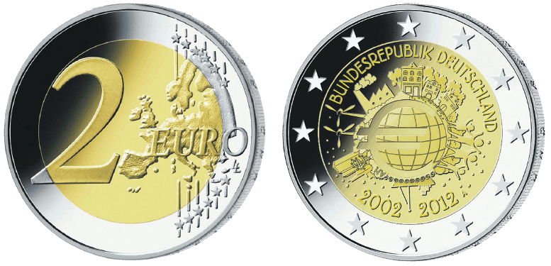 Abb. Bild- und Wertseite Gedenkmünze "10 Jahre Euro-Bargeld" (BGBl. I 2012 S. 36)