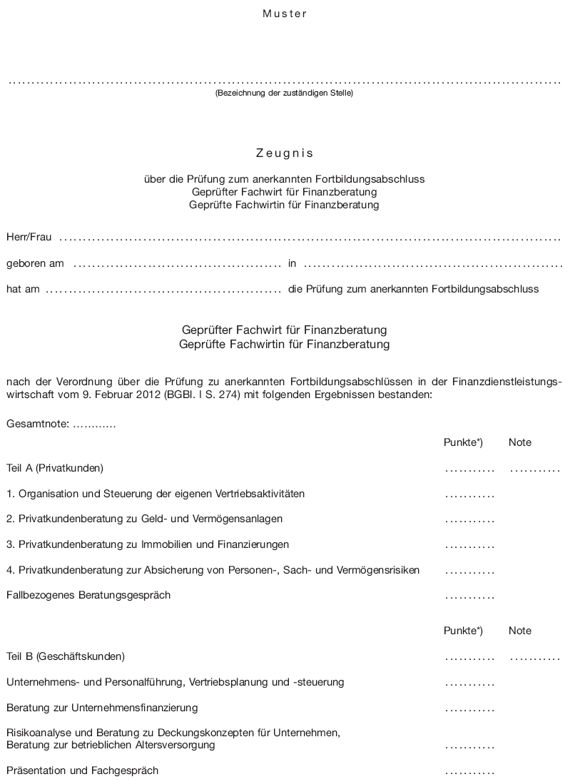 Muster Zeugnis über die Prüfung zum anerkannten Fortbildungsabschluss Geprüfter Fachwirt für Finanzberatung/Geprüfte Fachwirtin für Finanzberatung Seite 1 (BGBl. I 2012 S. 284)