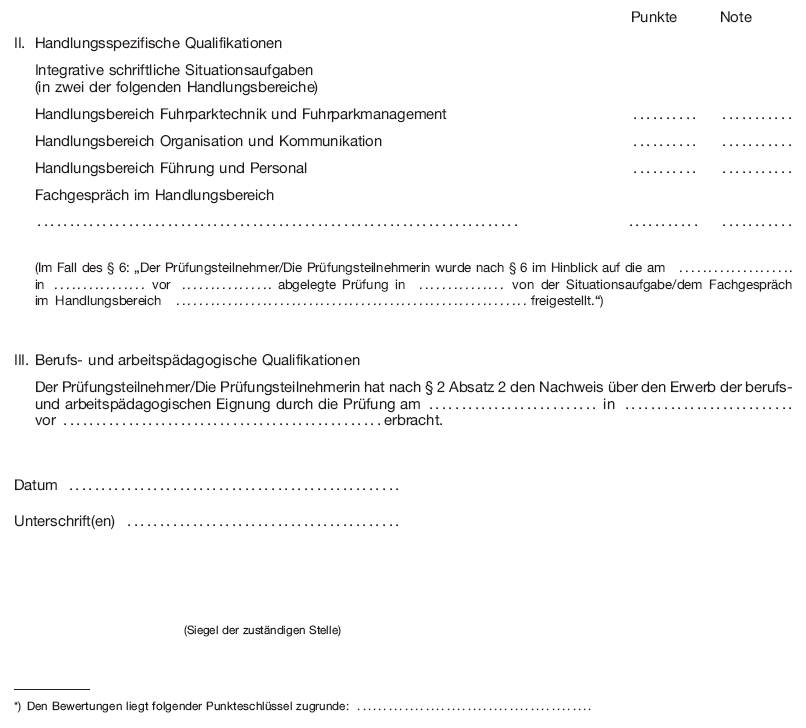 Muster Zeugnis über die Prüfung zum anerkannten Fortbildungsabschluss Geprüfter Meister für Kraftverkehr/Geprüfte Meisterin für Kraftverkehr, Seite 2 (BGBl. I 2012 S. 294)