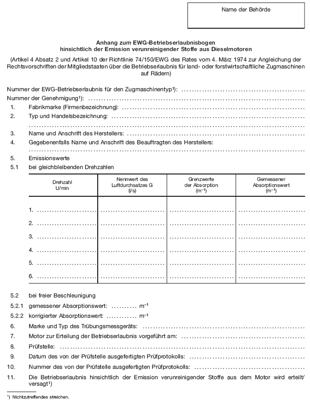 Anhang zum EWG-Betriebserlaubnisbogen hinsichtlich der Emission verunreinigender Stoffe aus Dieselmotoren, Seite 1 (BGBl. 2012 I S. 801)