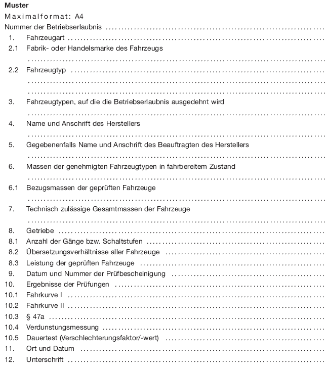 Formblatt: Mitteilung über die Betriebserlaubnis (BGBl. 2012 I S. 883)