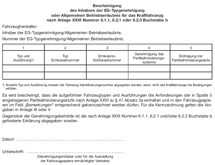 Bescheinigung des Inhabers der EG-Typgenehmigung oder Allgemeinen Betriebserlaubnis für das Kraftfahrzeug (BGBl. 2012 I S. 912)