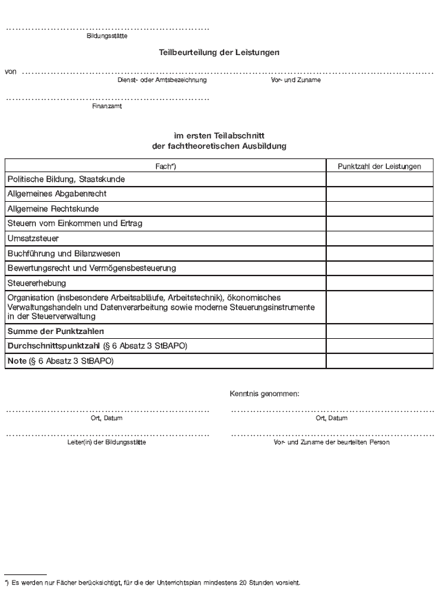 - mittlerer Dienst - Teilbeurteilung der Leistungen im ersten Teilabschnitt der fachtheoretischen Ausbildung (BGBl. 2012 I S. 1137)