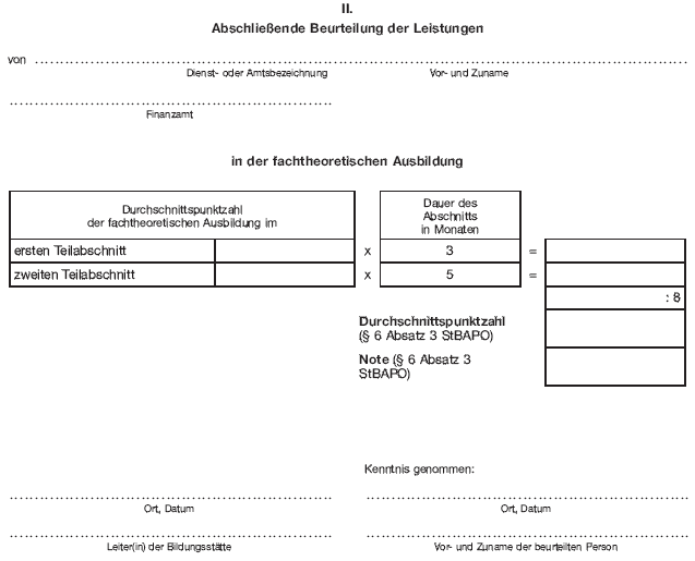 - mittlerer Dienst - Teilbeurteilung der Leistungen im zweiten Teilabschnitt der fachtheoretischen Ausbildung/Abschließende Beurteilung der Leistungen in der fachtheoretischen Ausbildung (BGBl. 2012 I S. 1139)