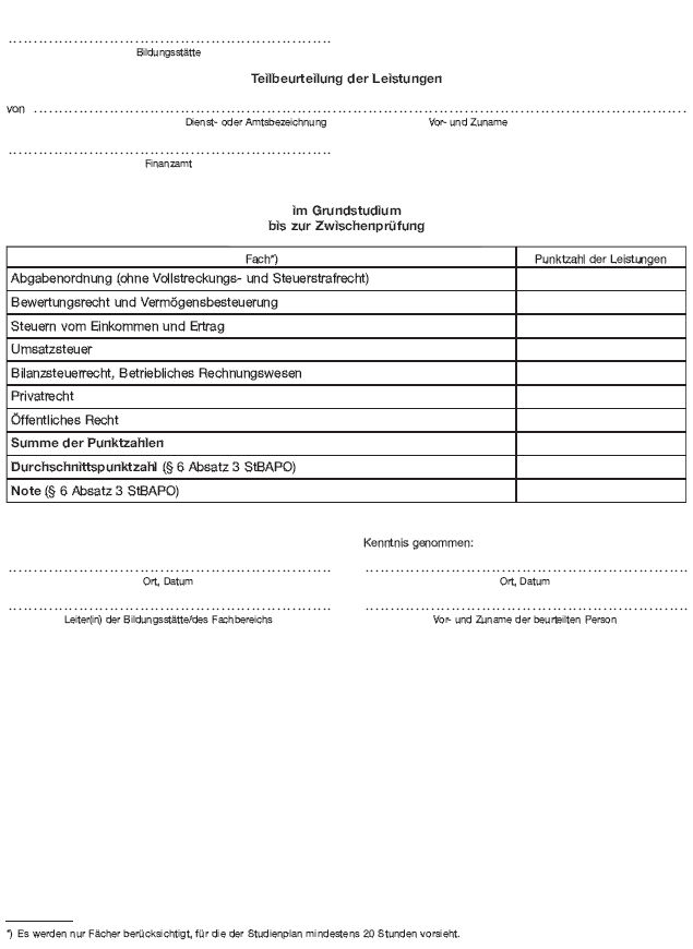 - gehobener Dienst - Teilbeurteilung der Leistungen im Grundstudium bis zur Zwischenprüfung (BGBl. 2012 I S. 1140)