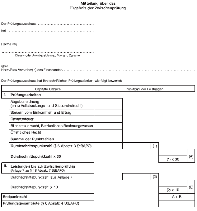 - gehobener Dienst - Mitteilung über das Ergebnis der Zwischenprüfung (BGBl. 2012 I S. 1147)