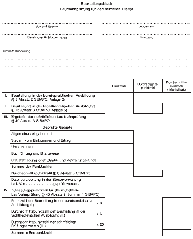 - mittlerer Dienst - Beurteilungsblatt für die Laufbahnprüfung (BGBl. 2012 I S. 1150)