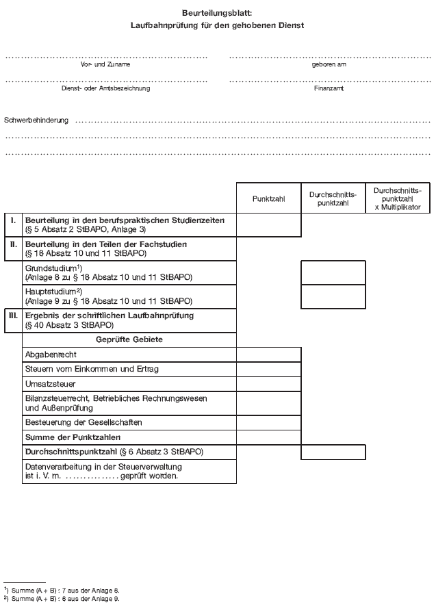 - gehobener Dienst - Beurteilungsblatt für die Laufbahnprüfung (BGBl. 2012 I S. 1152)