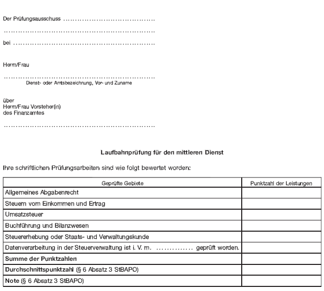 - mittlerer Dienst - Mitteilung über die Nichtzulassung zur mündlichen Laufbahnprüfung (BGBl. 2012 I S. 1154)