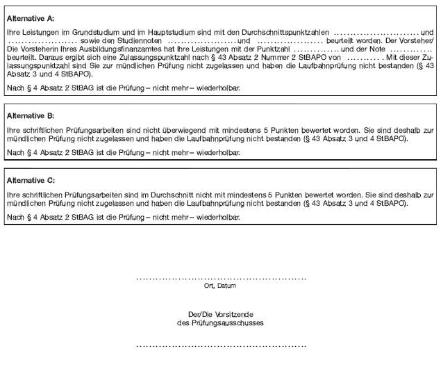 - gehobener Dienst - Mitteilung über die Nichtzulassung zur mündlichen Laufbahnprüfung (BGBl. 2012 I S. 1157)