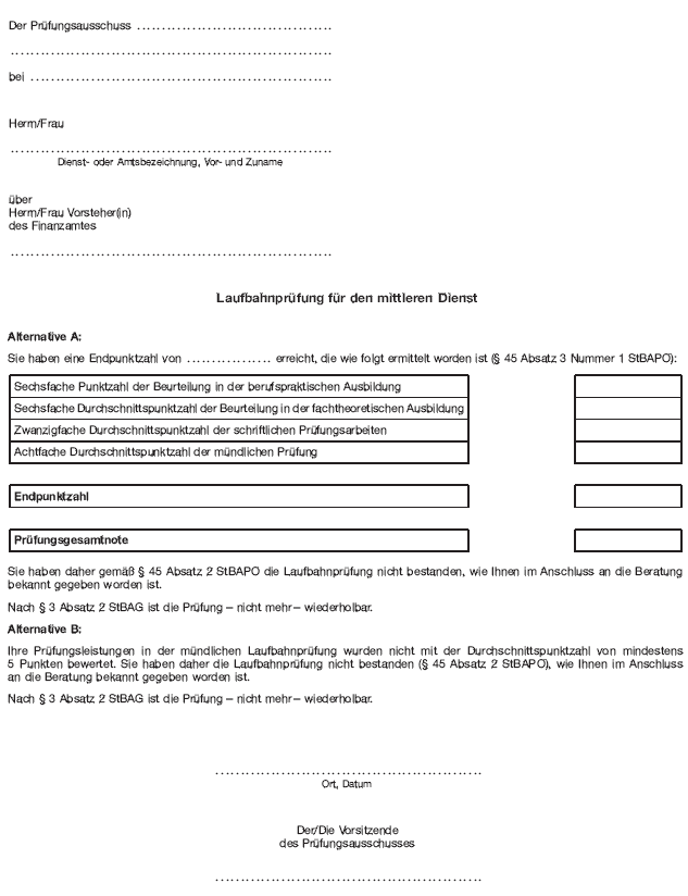 - mittlerer Dienst - Mitteilung über das Nichtbestehen der Laufbahnprüfung (BGBl. 2012 I S. 1158)