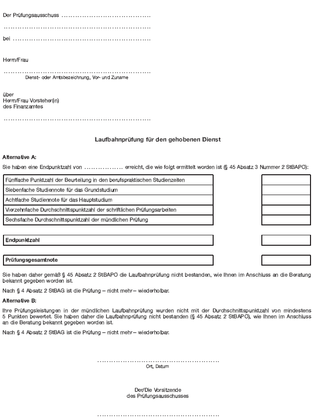 - gehobener Dienst - Mitteilung über das Nichtbestehen der Laufbahnprüfung (BGBl. 2012 I S. 1159)