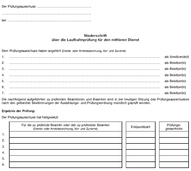 - mittlerer Dienst - Niederschrift über die Laufbahnprüfung (BGBl. 2012 I S. 1160)