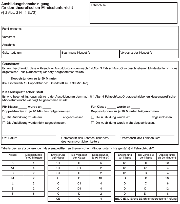 Ausbildungsbescheinigung für den theoretischen Mindestunterricht (BGBl. I 2012 S. 1343)