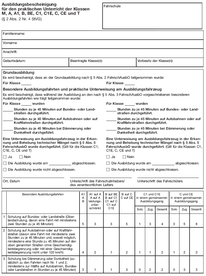 Ausbildungsbescheinigung für den praktischen Unterricht der Klassen M, A, A1, A2, B, BE, C1, C1E, C, CE und T (BGBl. I 2012 S. 1344)