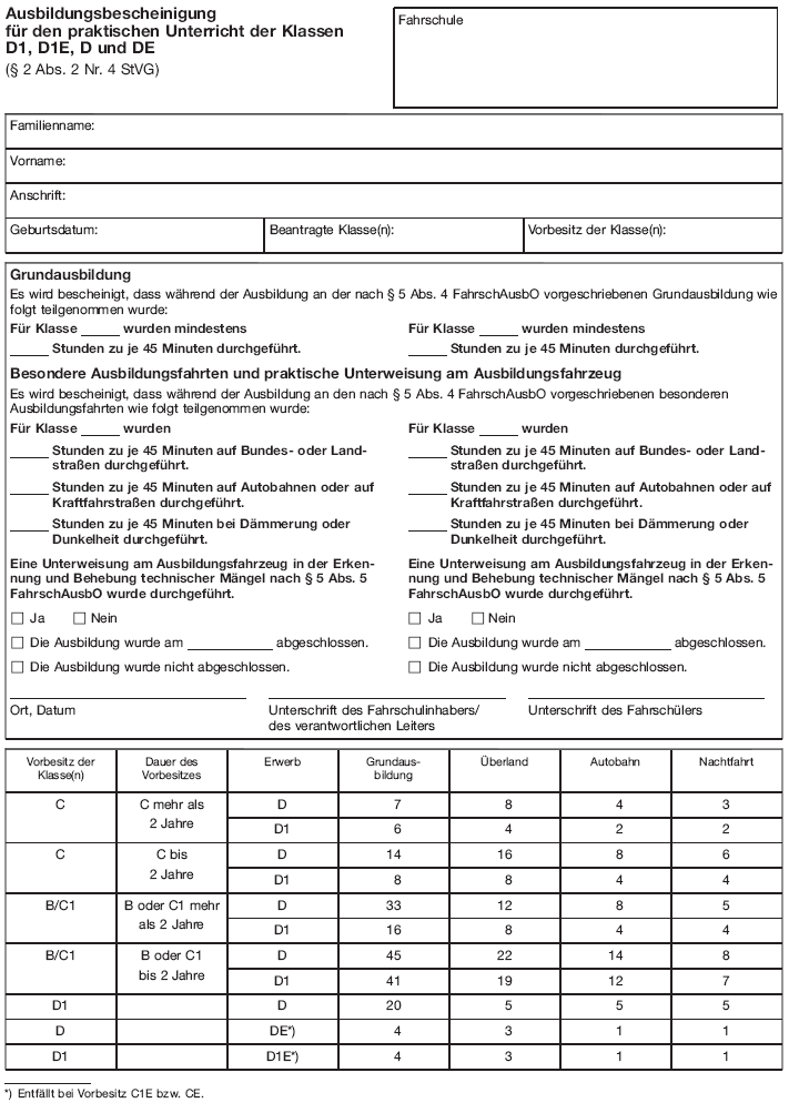 Ausbildungsbescheinigung für den praktischen Unterricht der Klassen D1, D1E, D und DE (BGBl. I 2012 S. 1345)