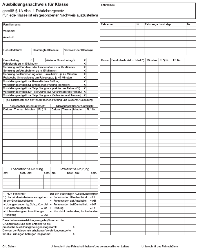 Ausbildungsnachweis für Klasse (BGBl. I 2012 S. 1359)