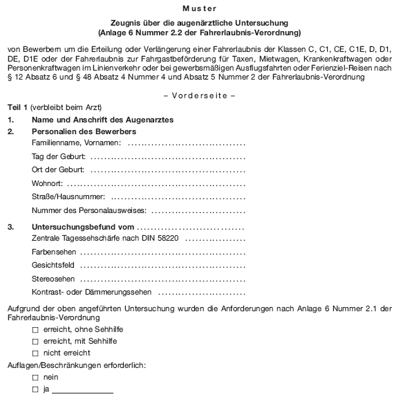 Muster Zeugnis über die augenärztliche Untersuchung, Seite 1 (BGBl. I 2012 S. 1403)
