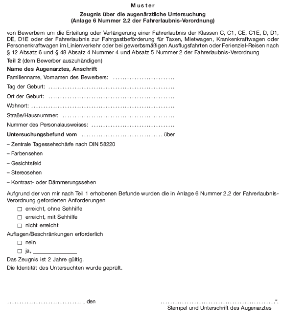 Muster Zeugnis über die augenärztliche Untersuchung, Seite 5 (BGBl. I 2012 S. 1407)