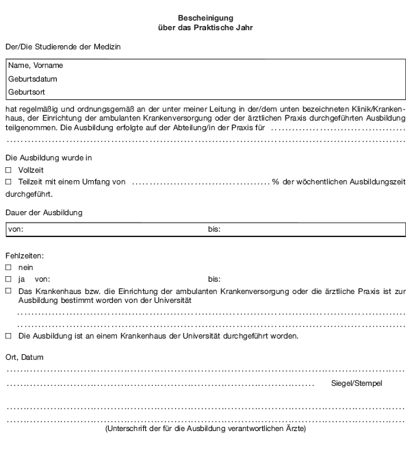 Bescheinigung über das Praktische Jahr (BGBl. I 2012 S. 1549)