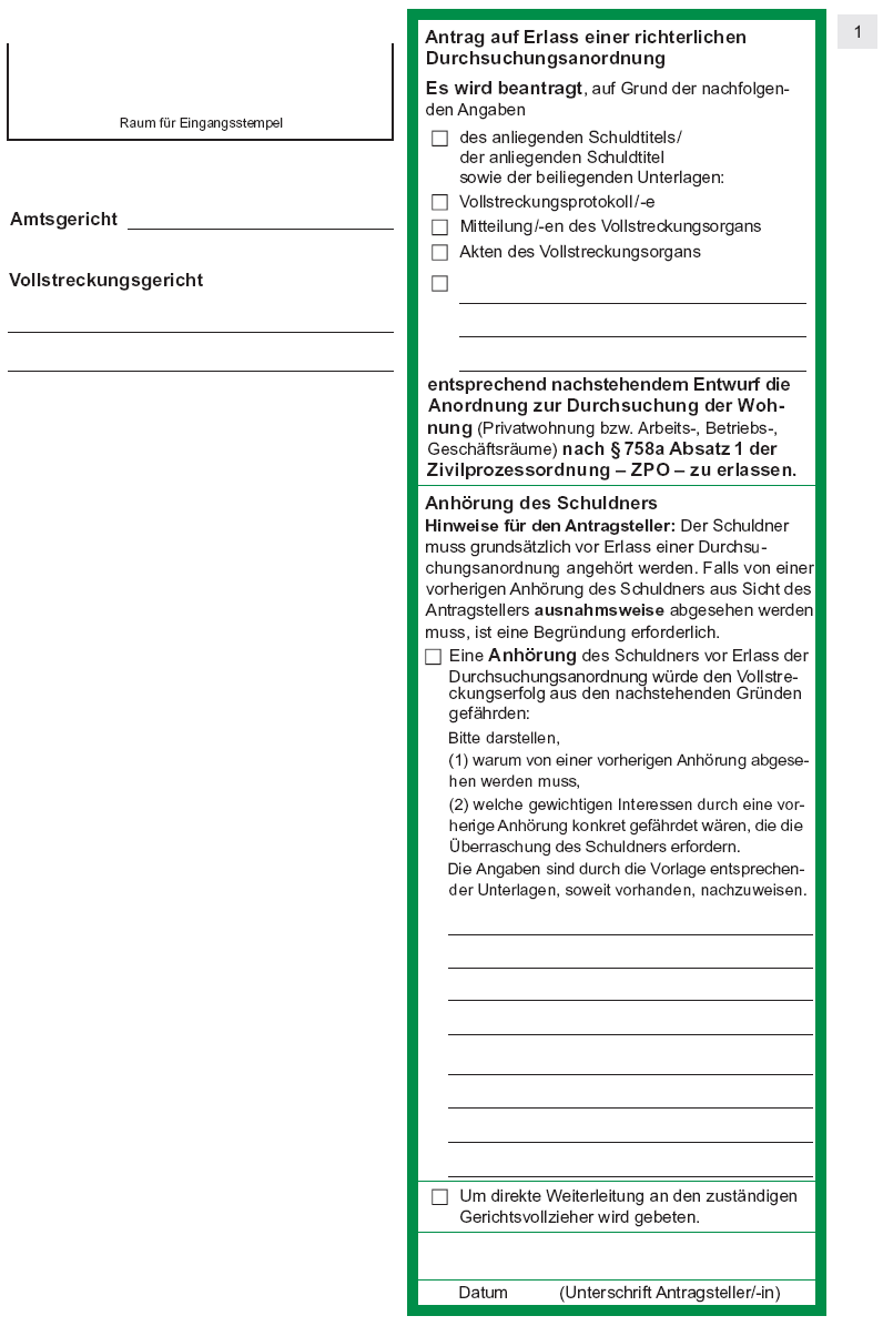 Antrag auf Erlass einer richterlichen Durchsuchungsanordnung, Seite 1 (BGBl. I 2012 S. 1824)