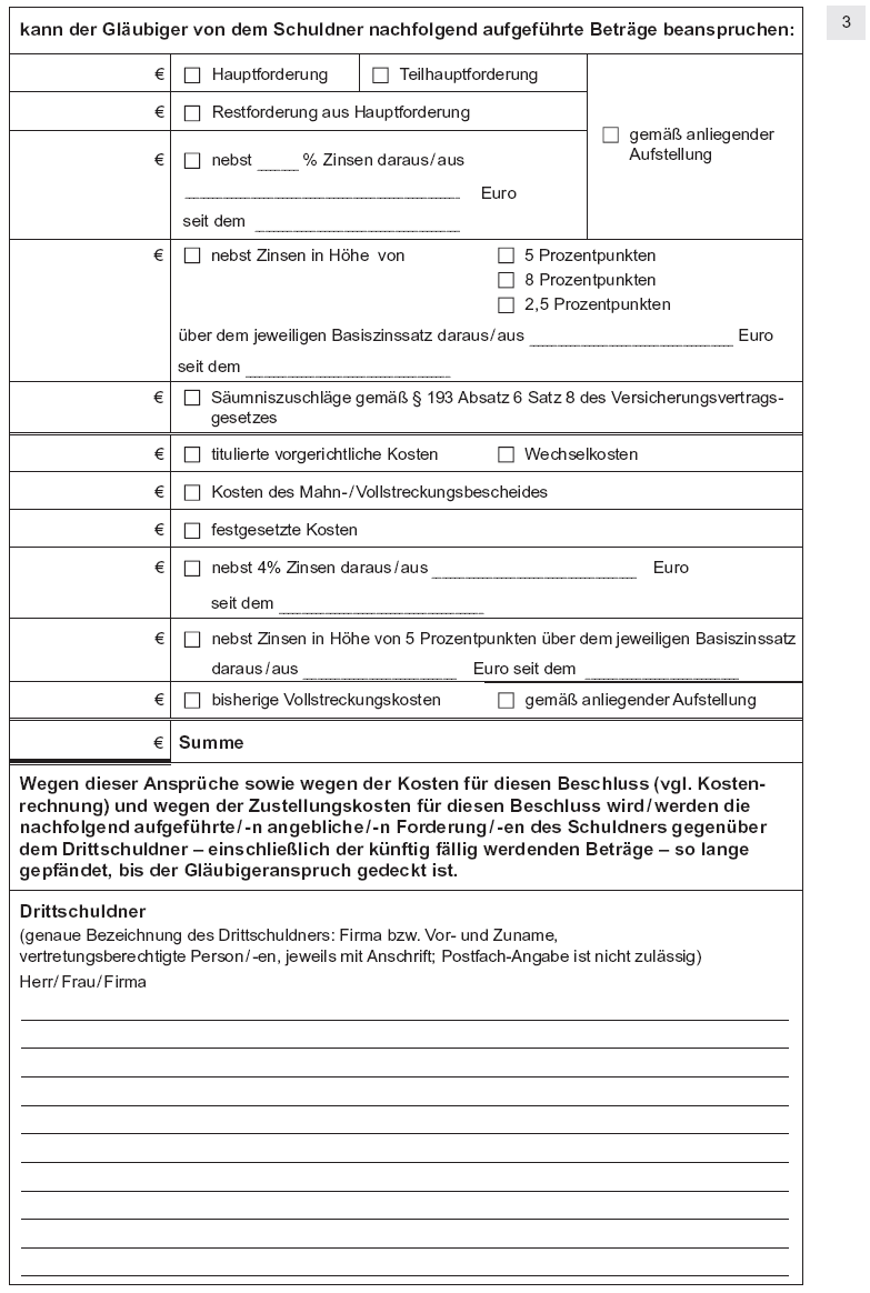 Antrag auf Erlass eines Pfändungs- und Überweisungsbeschlusses insbesondere wegen gewöhnlicher Geldforderungen, Seite 3 (BGBl. I 2012 S. 1830)