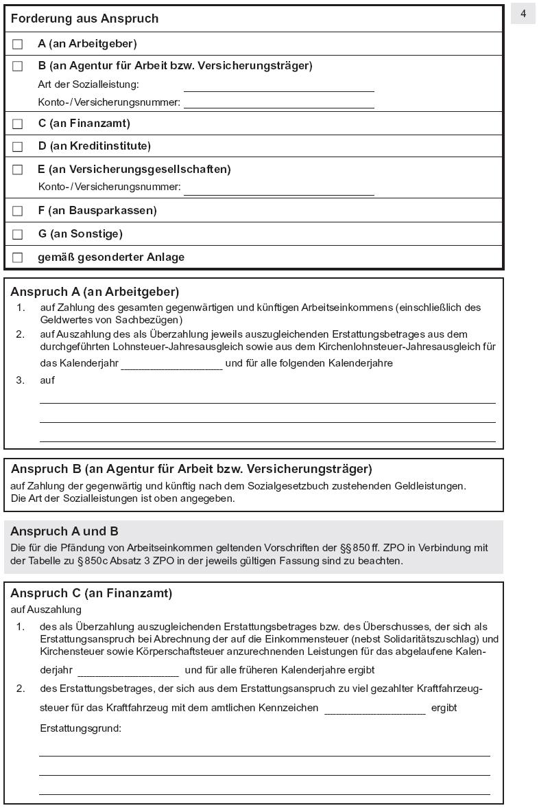 Antrag auf Erlass eines Pfändungs- und Überweisungsbeschlusses insbesondere wegen gewöhnlicher Geldforderungen, Seite 4 (BGBl. I 2012 S. 1831)