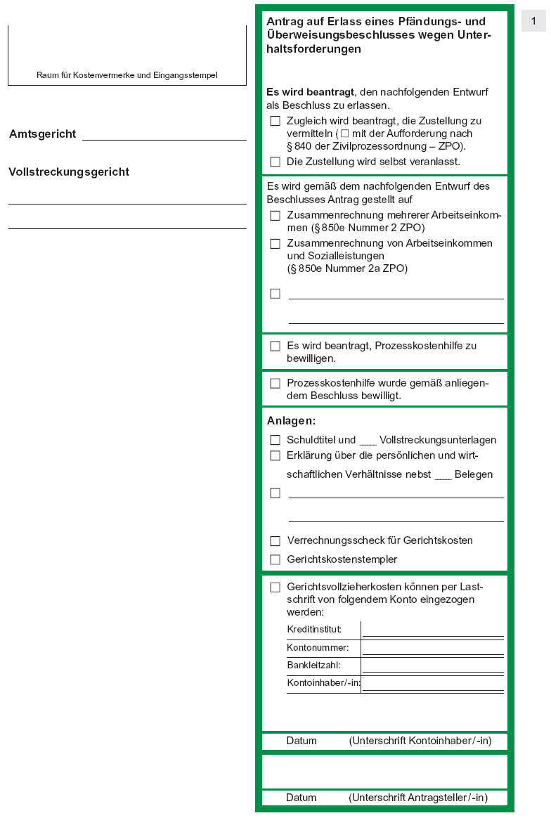 Antrag auf Erlass eines Pfändungs- und Überweisungsbeschlusses wegen Unterhaltsforderungen, Seite 1 (BGBl. I 2012 S. 1838)