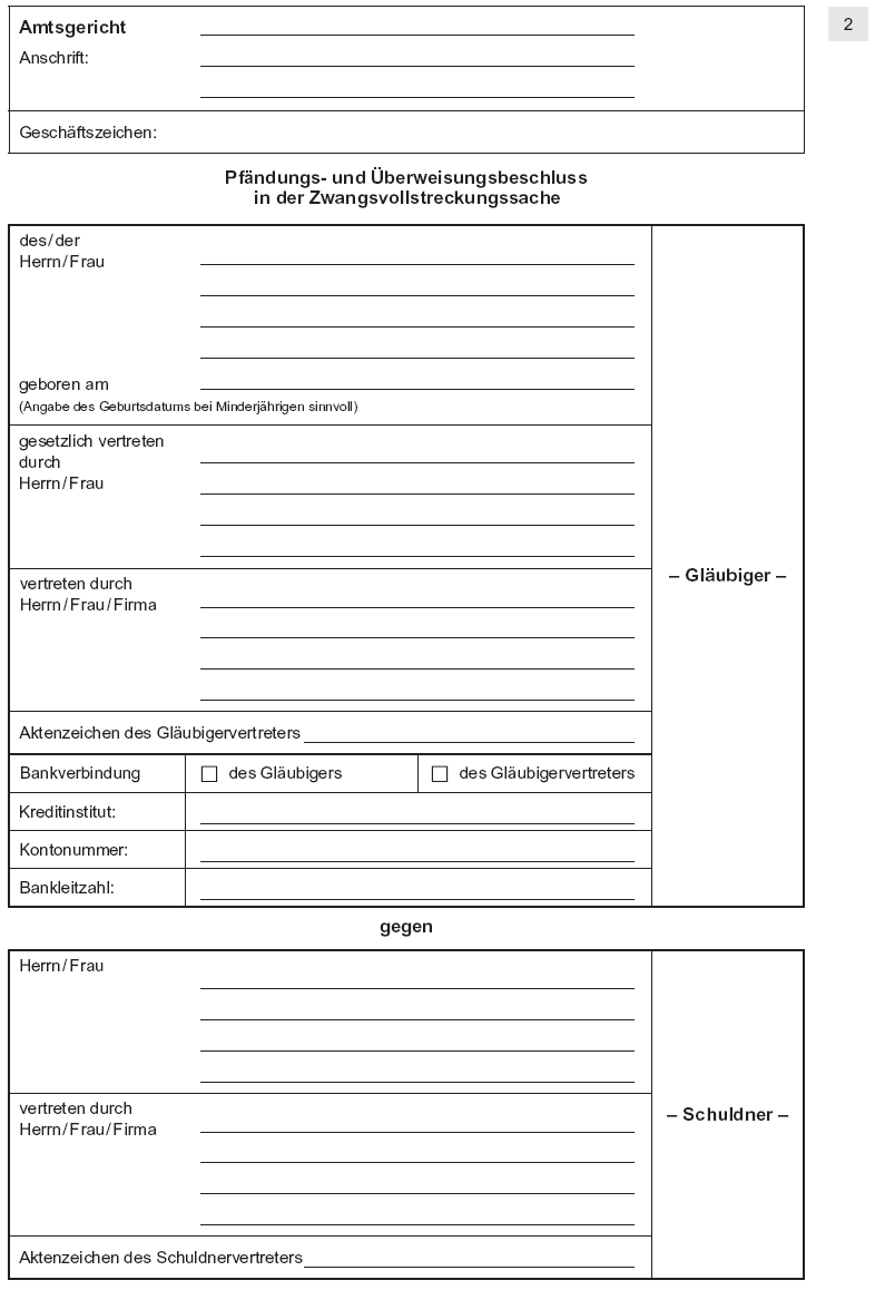 Antrag auf Erlass eines Pfändungs- und Überweisungsbeschlusses wegen Unterhaltsforderungen, Seite 2 (BGBl. I 2012 S. 1839)