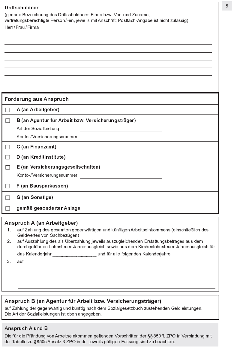 Antrag auf Erlass eines Pfändungs- und Überweisungsbeschlusses wegen Unterhaltsforderungen, Seite 5 (BGBl. I 2012 S. 1842)