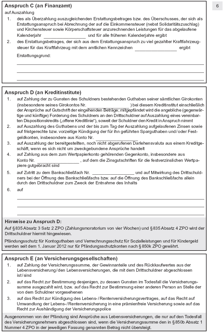 Antrag auf Erlass eines Pfändungs- und Überweisungsbeschlusses wegen Unterhaltsforderungen, Seite 6 (BGBl. I 2012 S. 1843)