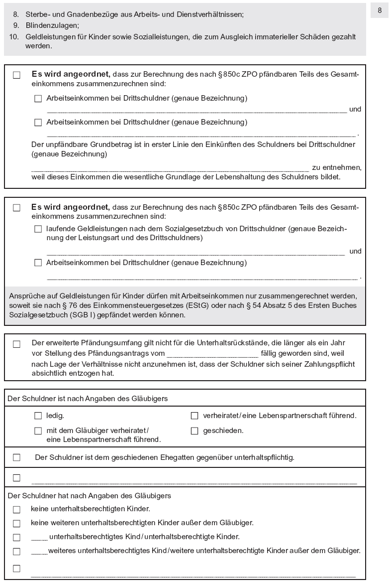 Antrag auf Erlass eines Pfändungs- und Überweisungsbeschlusses wegen Unterhaltsforderungen, Seite 8 (BGBl. I 2012 S. 1845)