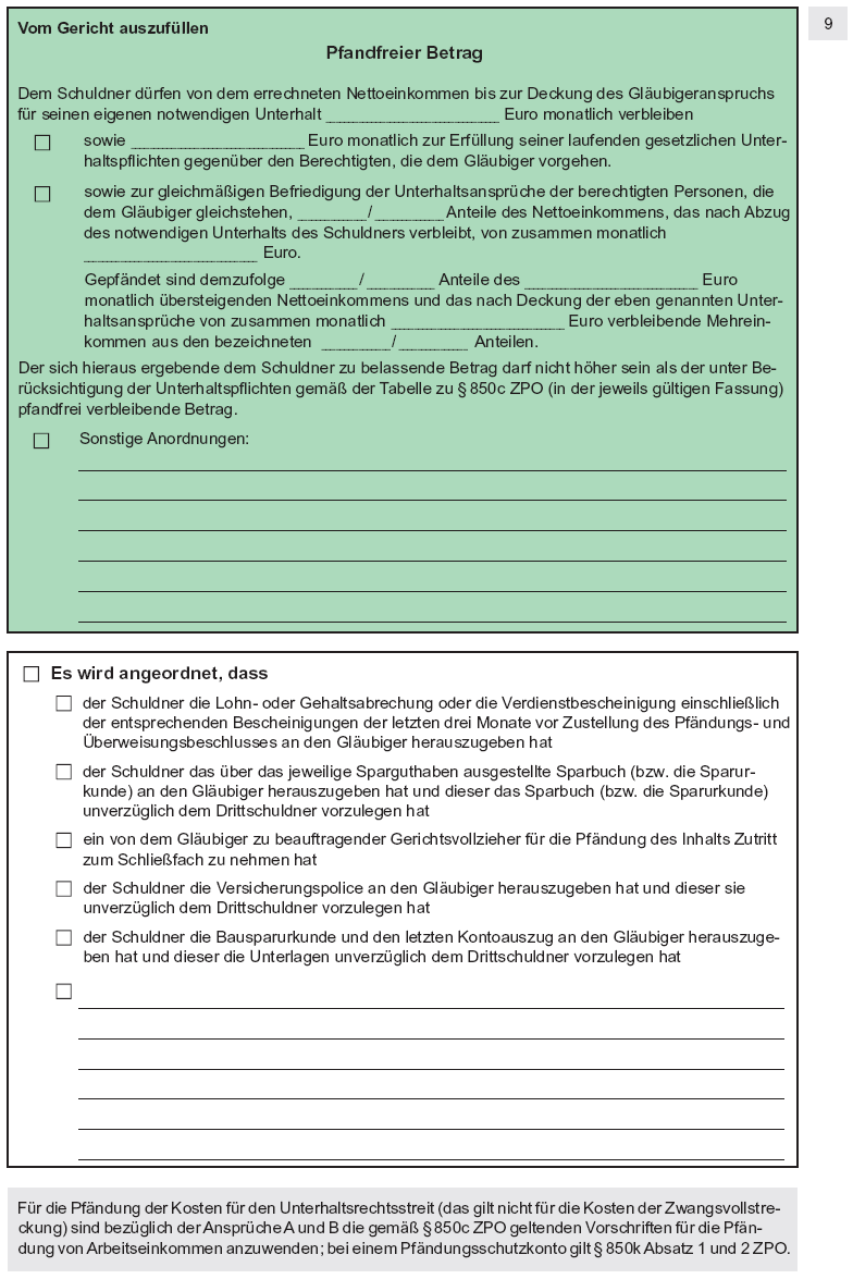 Antrag auf Erlass eines Pfändungs- und Überweisungsbeschlusses wegen Unterhaltsforderungen, Seite 9 (BGBl. I 2012 S. 1846)