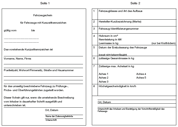 Fahrzeugschein für Fahrzeuge mit Kurzzeitkennzeichen (BGBl. I 2011 S. 214, 2012 I 2241)