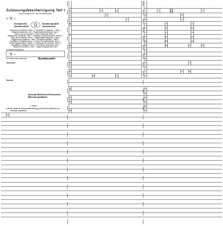 Zulassungsbescheinigung Teil I für Fahrzeuge der Bundeswehr Vorderseite (BGBl. 2012 I S. 2240)