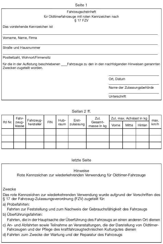 Abbildung Fahrzeugscheinheft für Oldtimerfahrzeuge mit roten Kennzeichen (BGBl. 2012 I S. 2241)