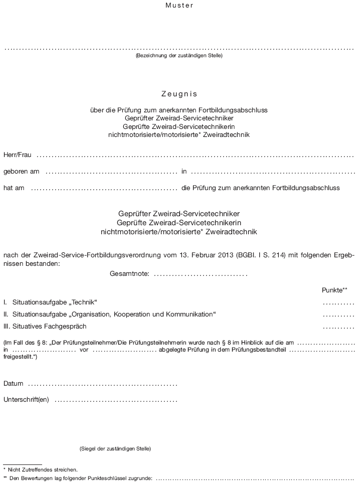 Zeugnis über die Prüfung zum anerkannten Fortbildungsabschluss Geprüfter Zweirad-Servicetechniker Geprüfte Zweirad-Servicetechnikerin nichtmotorisierte/motorisierte Zweiradtechnik (BGBl. I 2013 S. 220)