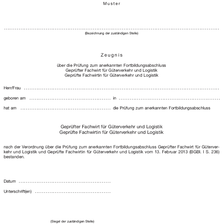 Zeugnis über die Prüfung zum anerkannten Fortbildungsabschluss Geprüfter Fachwirt für Güterverkehr und Logistik Geprüfte Fachwirtin für Güterverkehr und Logistik (BGBl. I 2013 S. 239)