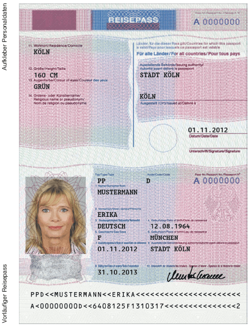 Vorläufiger Reisepass Aufkleber Personaldaten (BGBl. 2013 I S. 335)