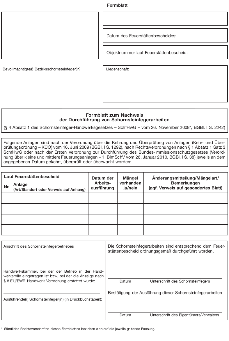 Formblatt zum Nachweis der Durchführung von Schornsteinfegerarbeiten, Seite 1 (BGBl. I 2013 S. 762)