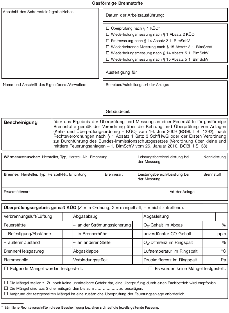Formblatt zum Nachweis der Durchführung von Schornsteinfegerarbeiten, Seite 2 (BGBl. I 2013 S. 763)