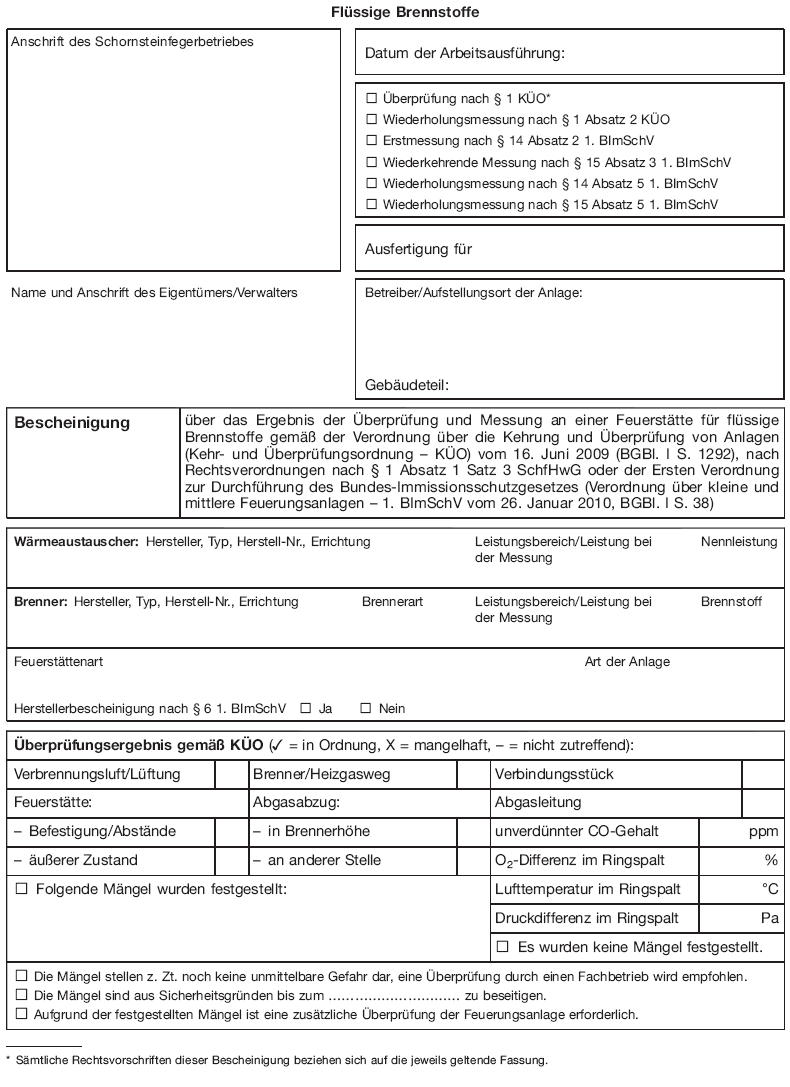 Formblatt zum Nachweis der Durchführung von Schornsteinfegerarbeiten, Seite 4 (BGBl. I 2013 S. 765)