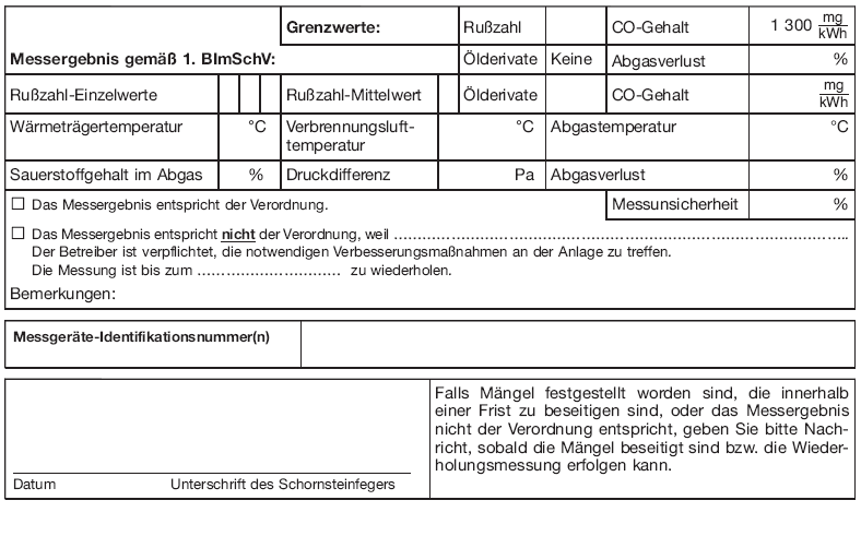 Formblatt zum Nachweis der Durchführung von Schornsteinfegerarbeiten, Seite 5 (BGBl. I 2013 S. 766)