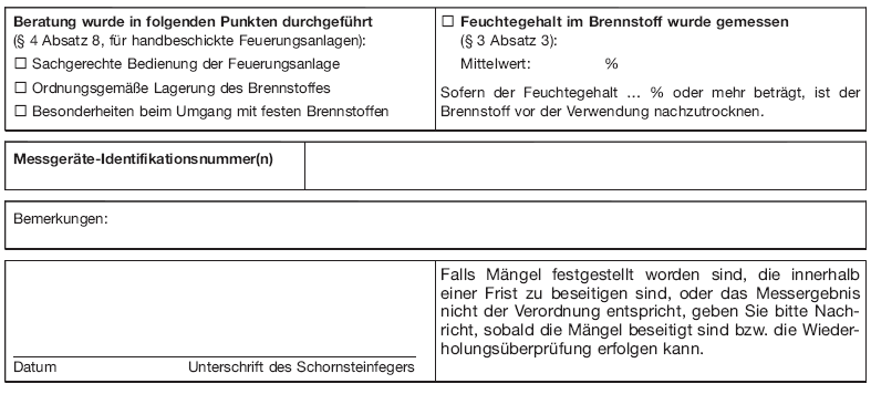 Formblatt zum Nachweis der Durchführung von Schornsteinfegerarbeiten, Seite 7 (BGBl. I 2013 S. 768)